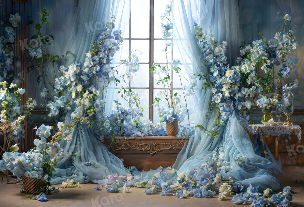 Kate Blaue Blumen Vorhang Frühling Fleece Hintergrund Entworfen von Emetselch