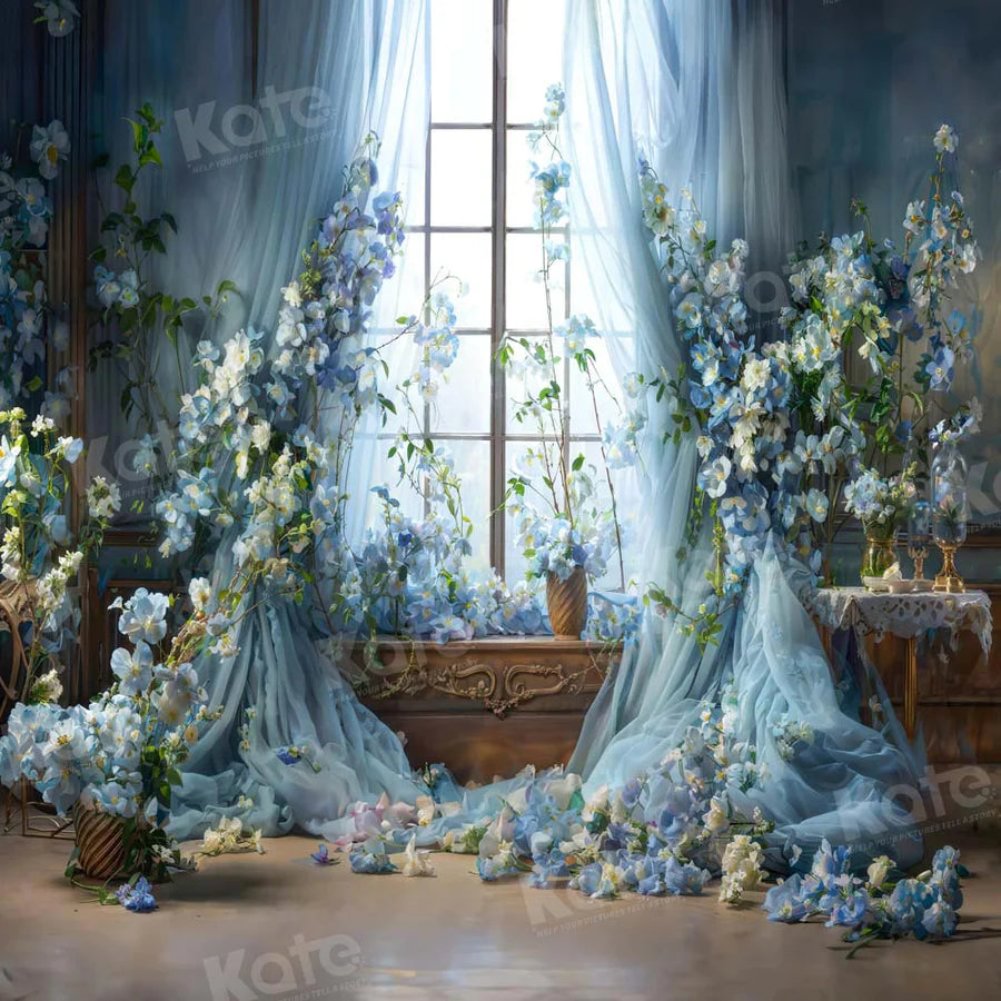 Kate Blaue Blume Vorhang Fenster Raum Hintergrund von Emetselch