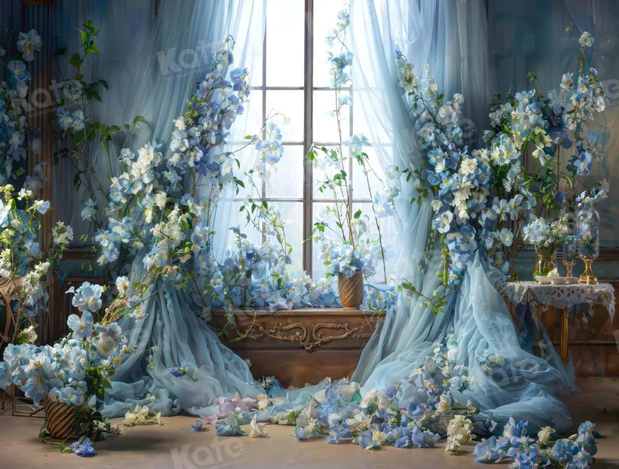 Kate Blaue Blume Vorhang Fenster Raum Hintergrund von Emetselch - Kate Backdrop.de