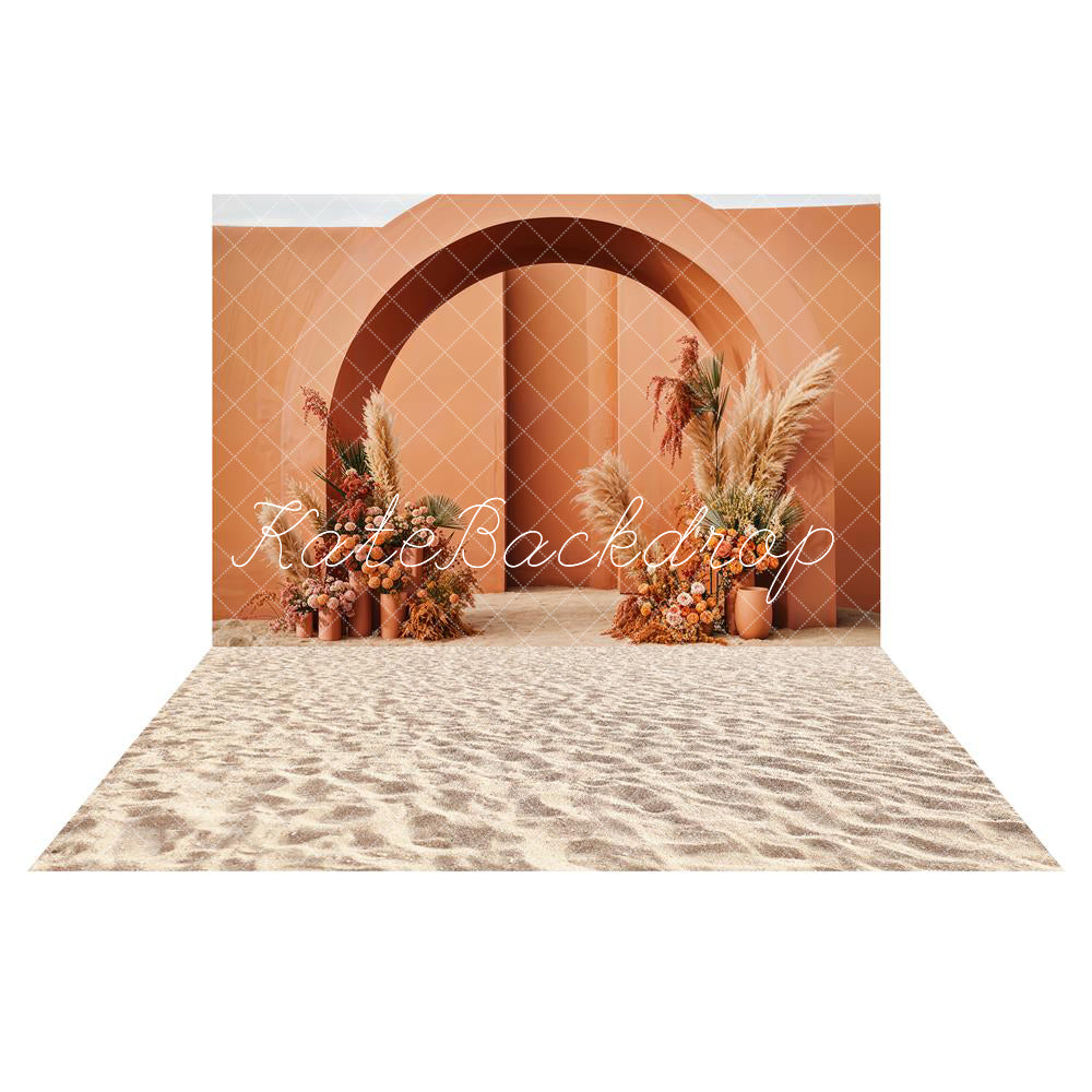 Kate Boho Blumen Orange Bogen Hintergrund+Sandy Strand Boden für Fotografie - Kate Backdrop.de