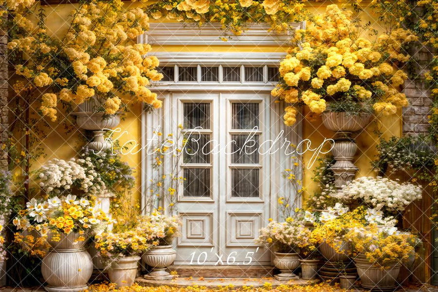 Kate Frühling Gelbe Blumen Holztüren Hintergrund von Emetselch - Kate Backdrop.de