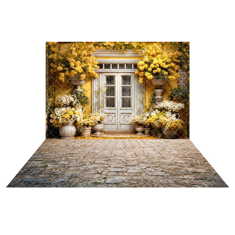 Kate Frühling Gelbe Blumen Hölzerne Türen Hintergrund+Robuste gemusterte Weg Boden für Fotografie