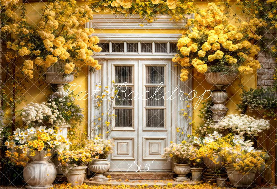 Kate Frühling Gelbe Blumen Holztüren Hintergrund von Emetselch - Kate Backdrop.de