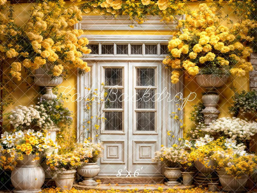 Kate Frühling Gelbe Blumen Holztüren Hintergrund von Emetselch