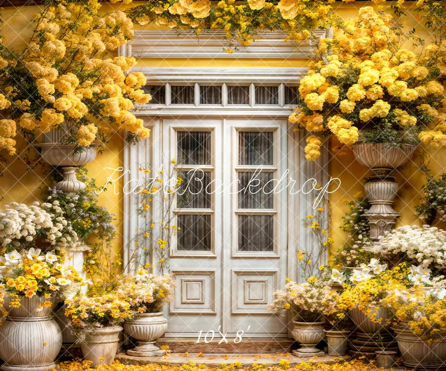 Kate Frühling Gelbe Blumen Holztüren Hintergrund von Emetselch - Kate Backdrop.de