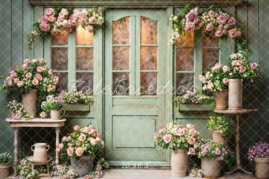 Kate Frühling Blumen Grün Holztür Hintergrund von Emetselch - Kate Backdrop.de
