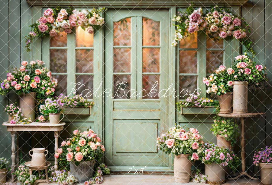 Kate Frühling Blumen Grün Holztür Hintergrund von Emetselch