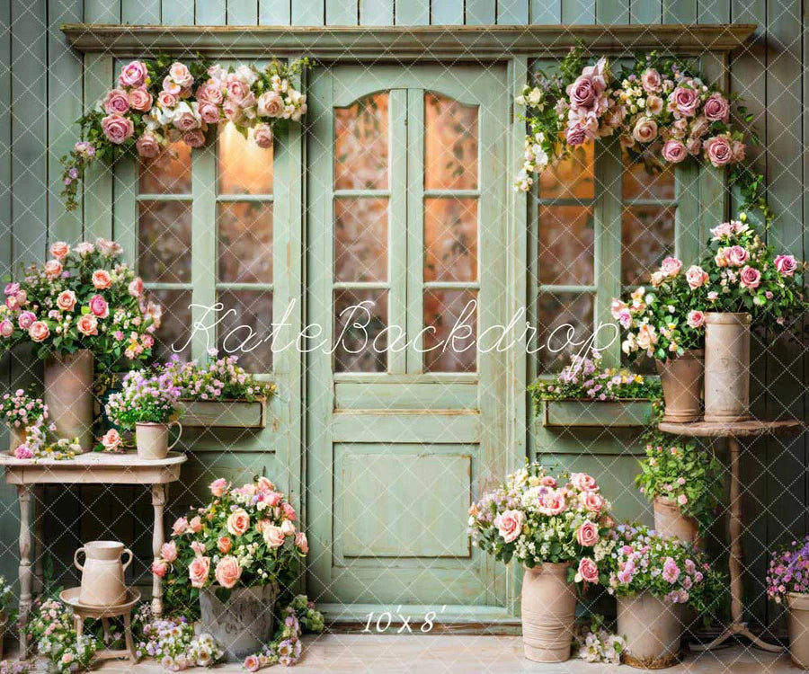Kate Frühling Blumen Grün Holztür Hintergrund von Emetselch - Kate Backdrop.de