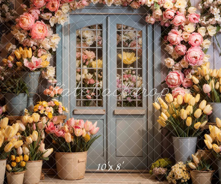 Kate Frühling Blumen Holztür Hintergrund von Chain Photography - Kate Backdrop.de