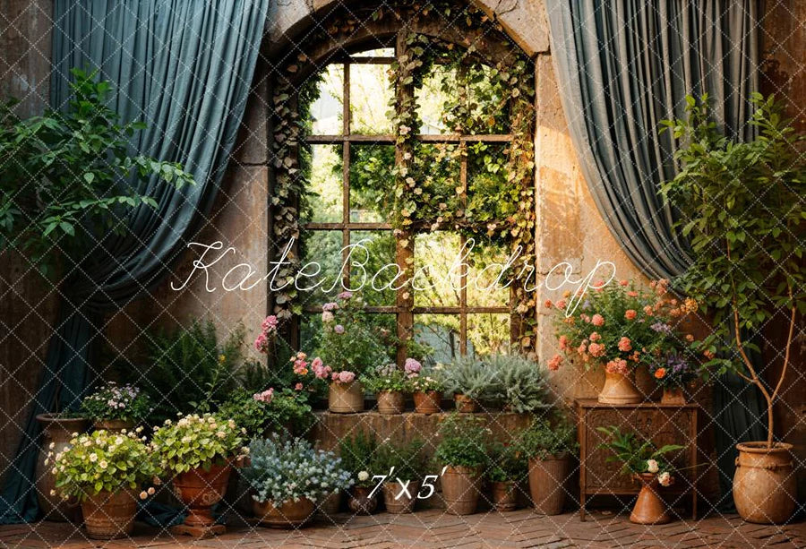 Kate Frühling Grüne Pflanzen Vorhang Fenster Hintergrund von Chain Photography