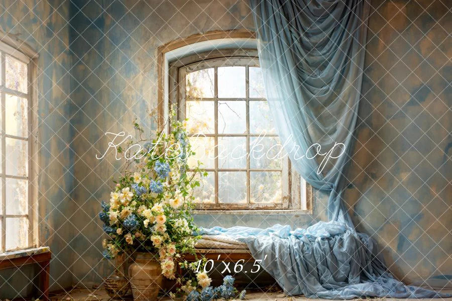 Kate Frühling Blaue Vorhänge Blumen Fenster Zimmer Hintergrund von Emetselch - Kate Backdrop.de