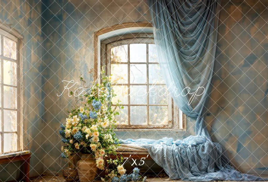 Kate Frühling Blaue Vorhänge Blumen Fenster Zimmer Hintergrund von Emetselch - Kate Backdrop.de