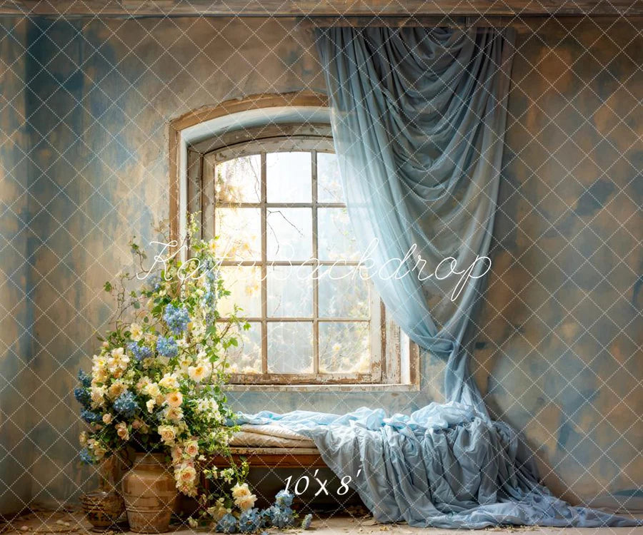 Kate Frühling Blaue Vorhänge Blumen Fenster Zimmer Hintergrund von Emetselch - Kate Backdrop.de