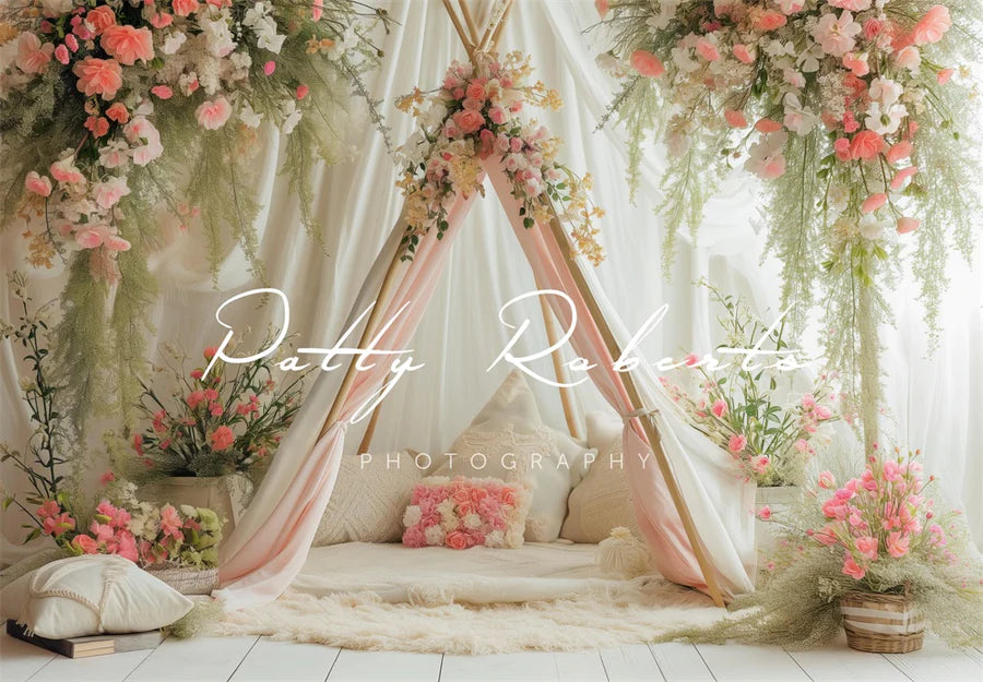 Kate Weißer Frühling Teepee mit Blumen Hintergrund von Patty Roberts - Kate Backdrop.de