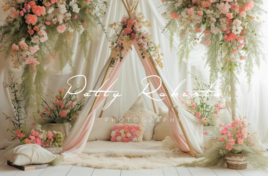 Kate Weißer Frühling Teepee mit Blumen Hintergrund von Patty Roberts - Kate Backdrop.de