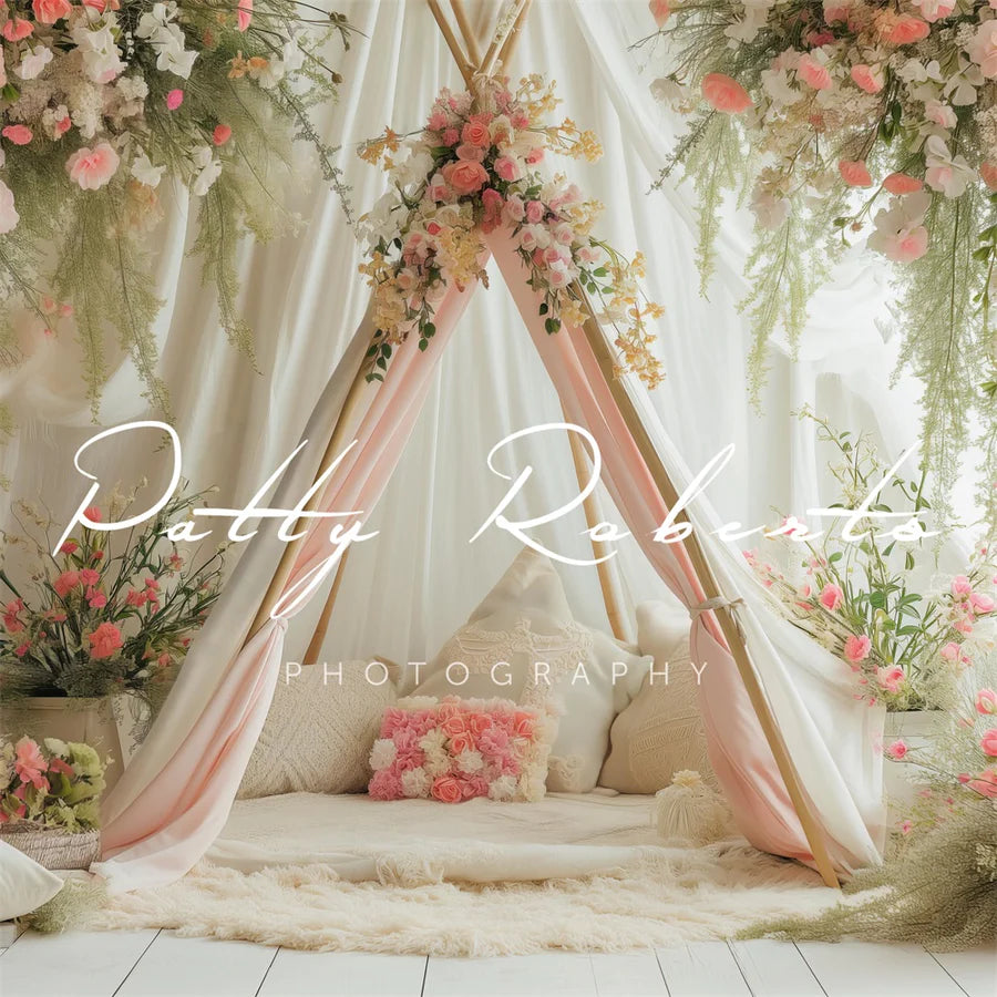 Kate Weißer Frühling Teepee mit Blumen Hintergrund von Patty Roberts - Kate Backdrop.de