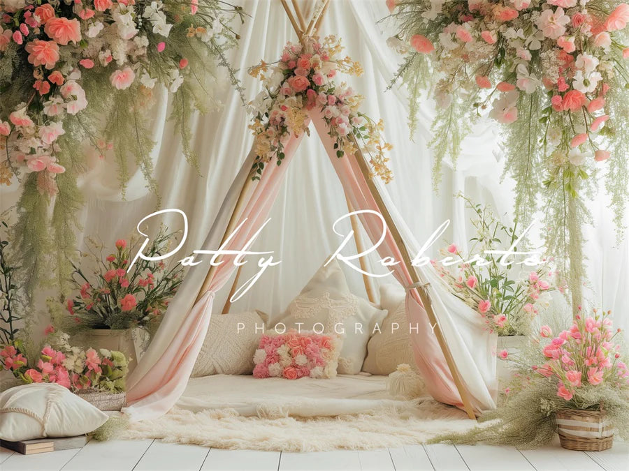 Kate Weißer Frühling Teepee mit Blumen Hintergrund von Patty Roberts - Kate Backdrop.de