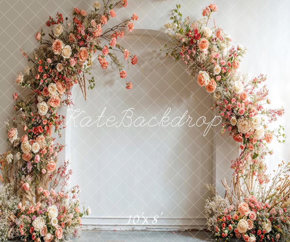 ⚡Blitzangebote #1-Kate Frühling Hochzeit Rosa Blumen Weiß Bogen Hintergrund - Kate Backdrop.de