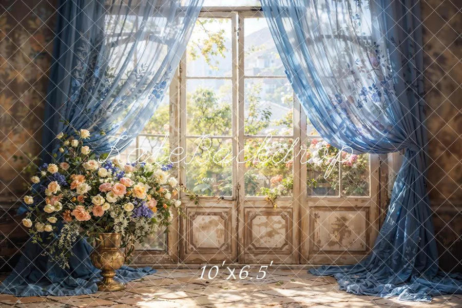Kate Frühling Blau Vorhang Blumen Fenster Hintergrund von Chain Photography - Kate Backdrop.de