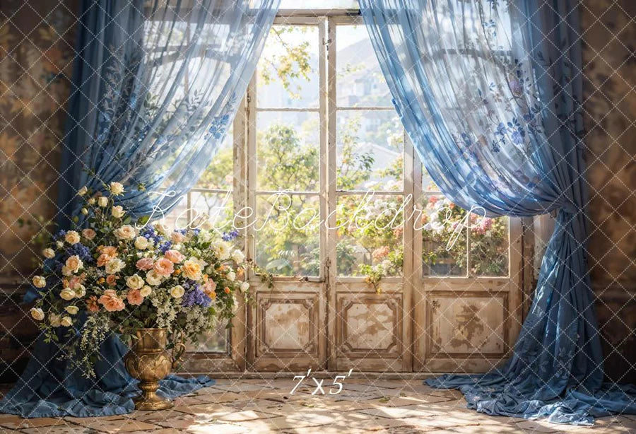 Kate Frühling Blau Vorhang Blumen Fenster Hintergrund von Chain Photography - Kate Backdrop.de