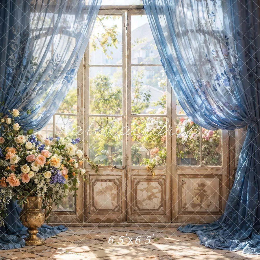 Kate Frühling Blau Vorhang Blumen Fenster Hintergrund von Chain Photography - Kate Backdrop.de