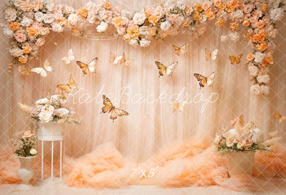 Kate Flower Butterfly Hellbeiger Vorhang-Hintergrund Entworfen von Emetselch - Kate Backdrop.de