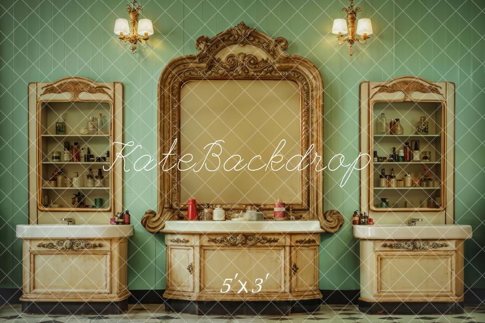 Kate Innen Retro Schönheitssalon Grüne Streifen Wand Hintergrund Entworfen von Emetselch - Kate Backdrop.de