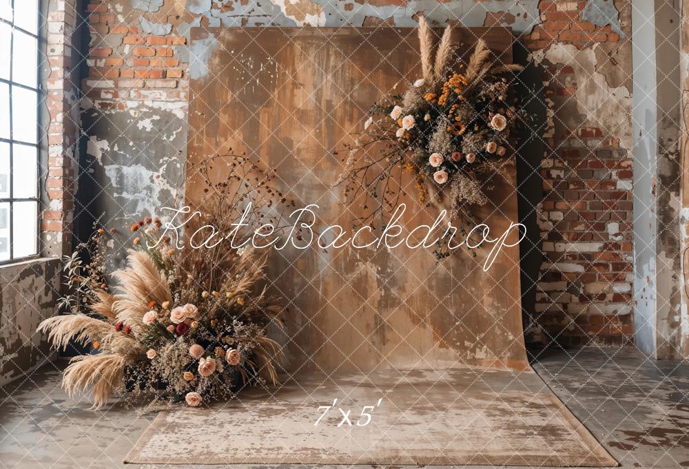 ⚡Blitzangebote #4-Kate Boho-Hintergrund Mit Getrockneten Blumen und Altem Backstein Entworfen - Kate Backdrop.de