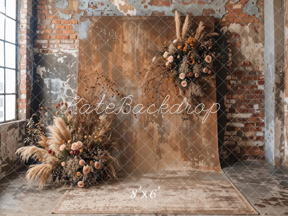 ⚡Blitzangebote #4-Kate Boho-Hintergrund Mit Getrockneten Blumen und Altem Backstein Entworfen - Kate Backdrop.de