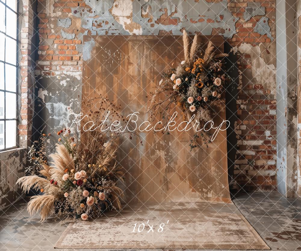 ⚡Blitzangebote #4-Kate Boho-Hintergrund Mit Getrockneten Blumen und Altem Backstein Entworfen - Kate Backdrop.de