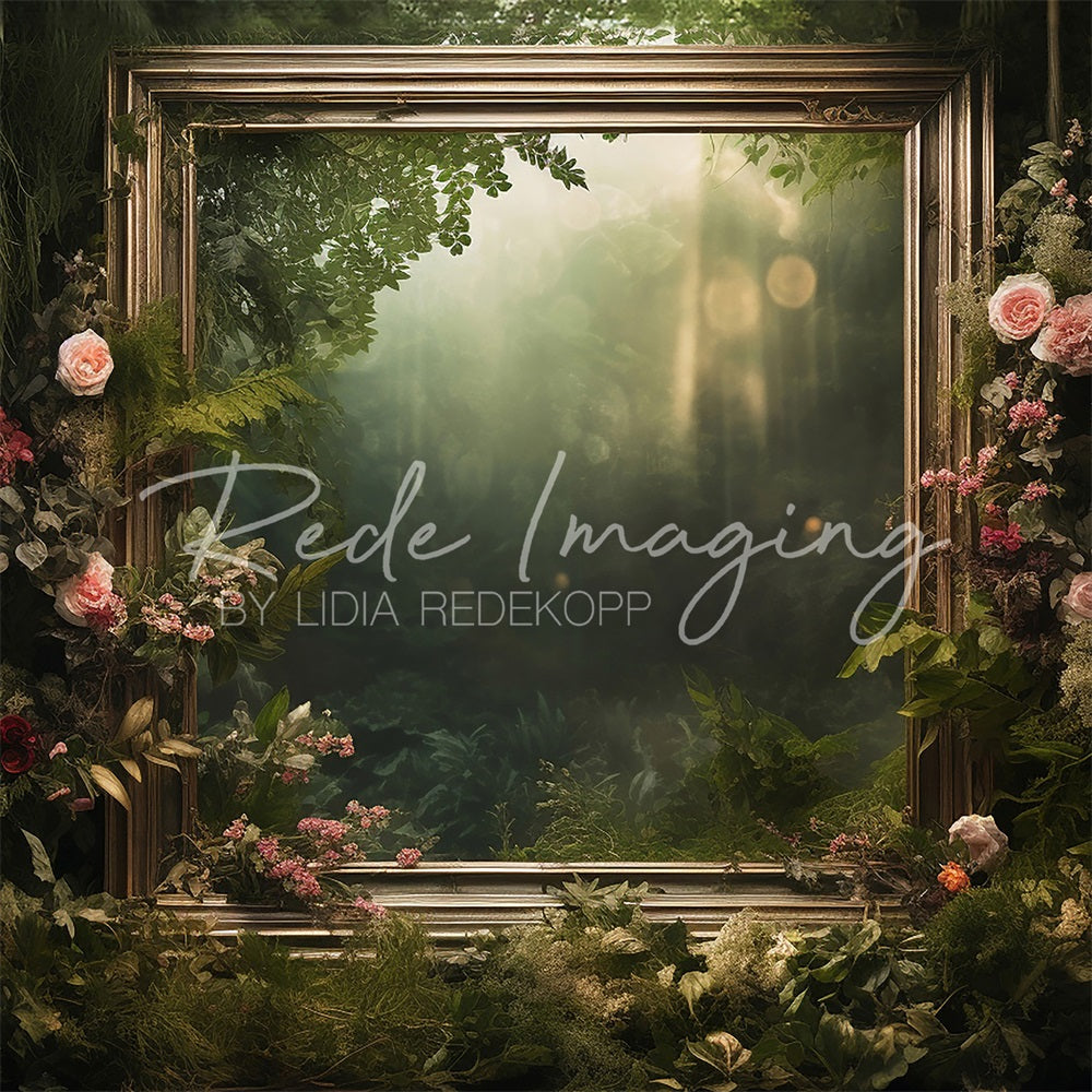 Kate Frühlingsgrüner Wald Rosa Rosen Goldener Rahmen Hintergrund Entworfen von Lidia Redekopp - Kate Backdrop.de
