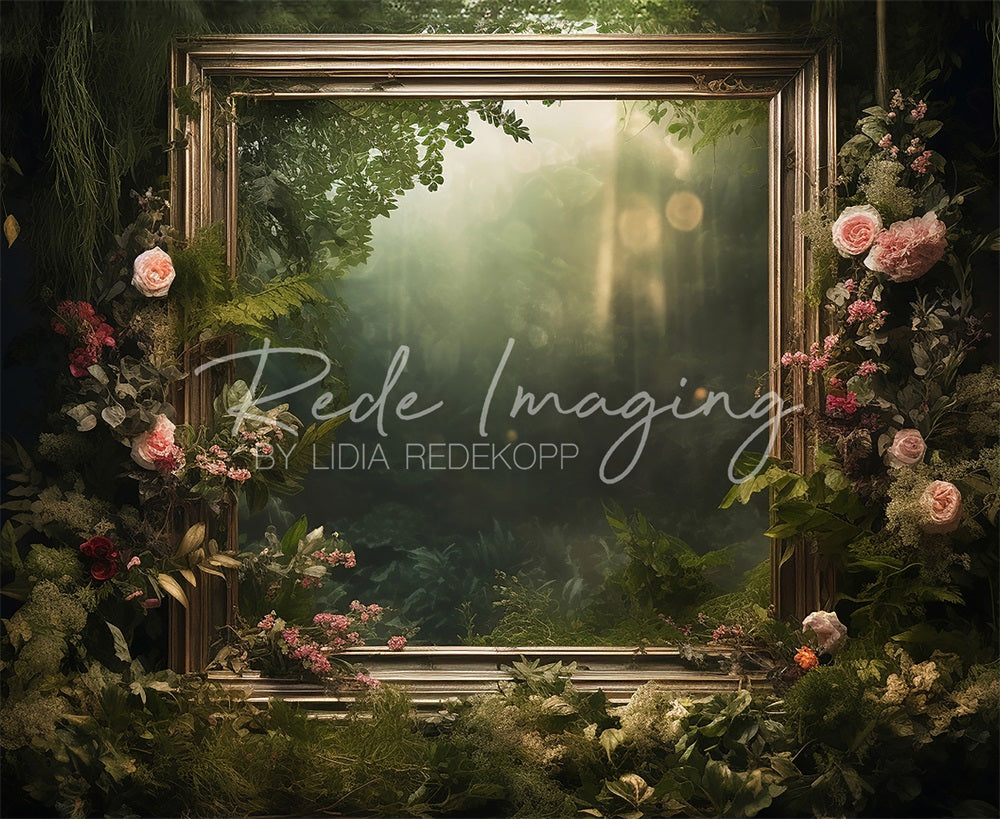 Kate Frühlingsgrüner Wald Rosa Rosen Goldener Rahmen Hintergrund Entworfen von Lidia Redekopp - Kate Backdrop.de