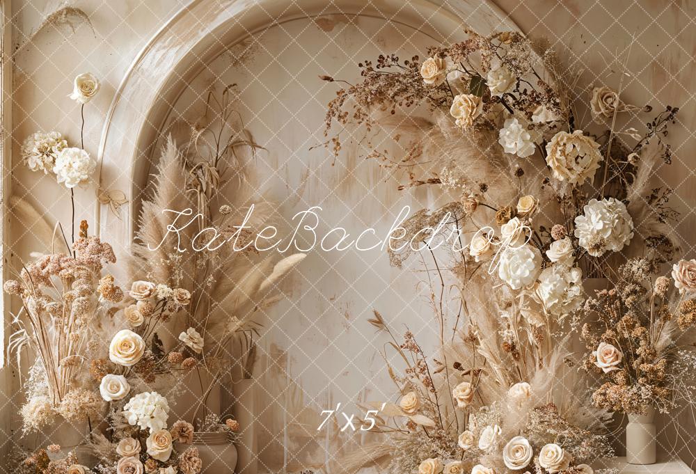 Kate Boho Backdrop Hell Beige Schilf Weiß Floral Gewölbe Wand Designed by Emetselch