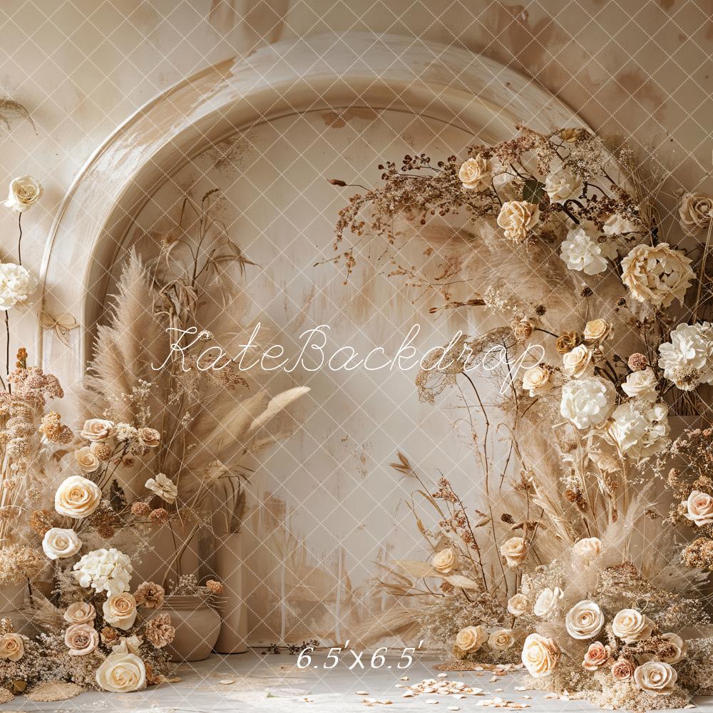 Kate Boho Backdrop Hell Beige Schilf Weiß Floral Gewölbe Wand Designed by Emetselch - Kate Backdrop.de