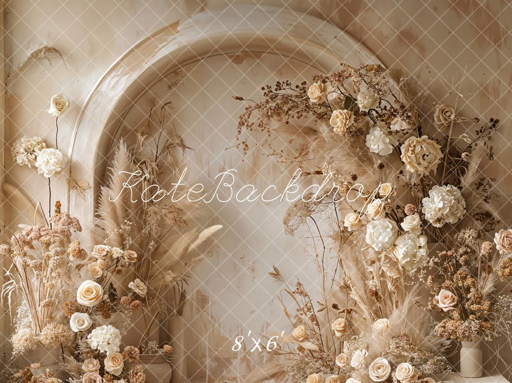 Kate Boho Backdrop Hell Beige Schilf Weiß Floral Gewölbe Wand Designed by Emetselch - Kate Backdrop.de