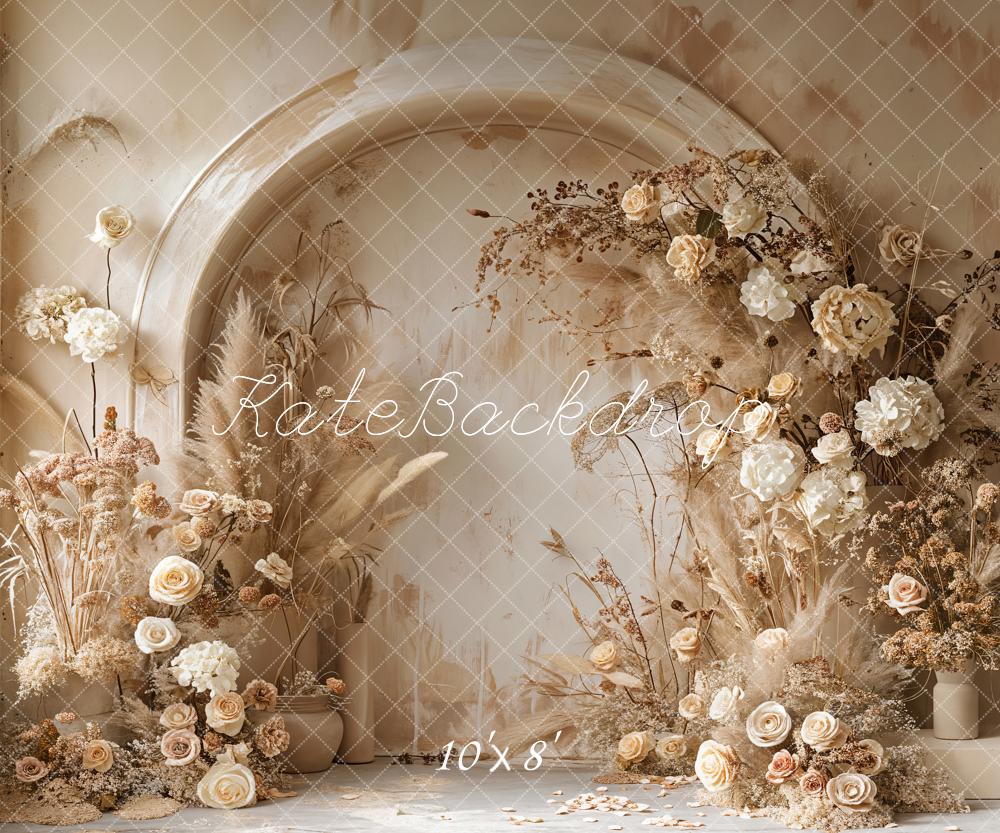 Kate Boho Backdrop Hell Beige Schilf Weiß Floral Gewölbe Wand Designed by Emetselch - Kate Backdrop.de