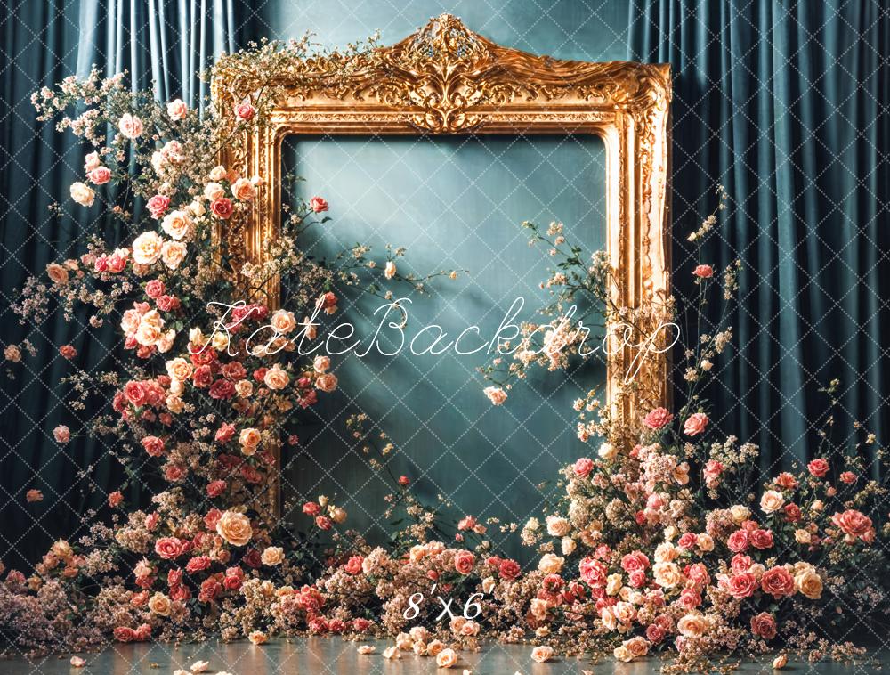 Kate Vintage Bunte Blumen Golden Rahmen Dunkelgrüne Vorhang Wand Hintergrund Entworfen von Emetselch - Kate Backdrop.de