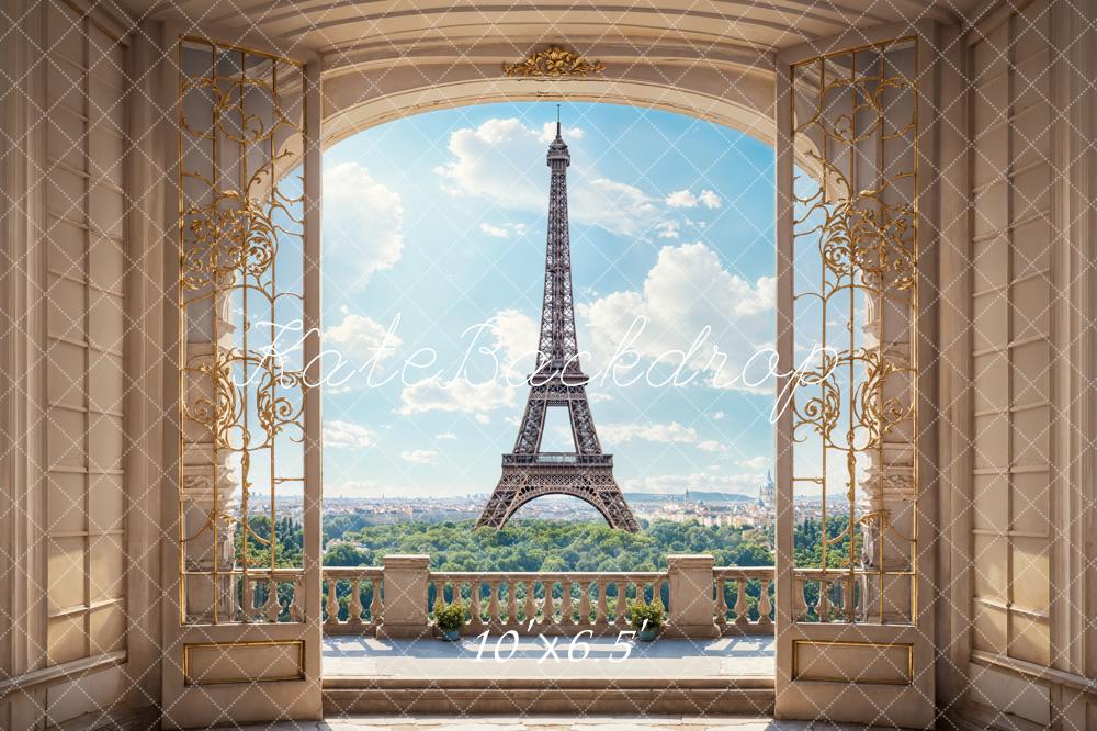 Kate Retro Beige Bogenbalkon Blauer Himmel Weiße Wolken Grüner Wald Paris Turm Hintergrund Entworfen von Emetselch - Kate Backdrop.de