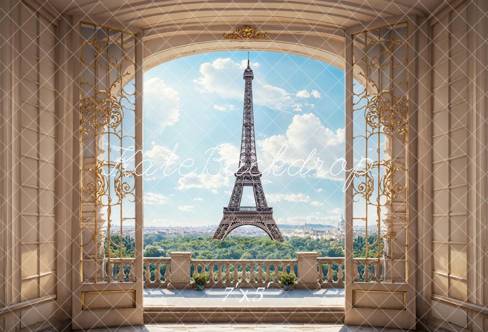 Kate Retro Beige Bogenbalkon Blauer Himmel Weiße Wolken Grüner Wald Paris Turm Hintergrund Entworfen von Emetselch - Kate Backdrop.de