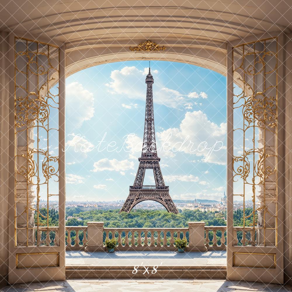 Kate Retro Beige Bogenbalkon Blauer Himmel Weiße Wolken Grüner Wald Paris Turm Hintergrund Entworfen von Emetselch - Kate Backdrop.de