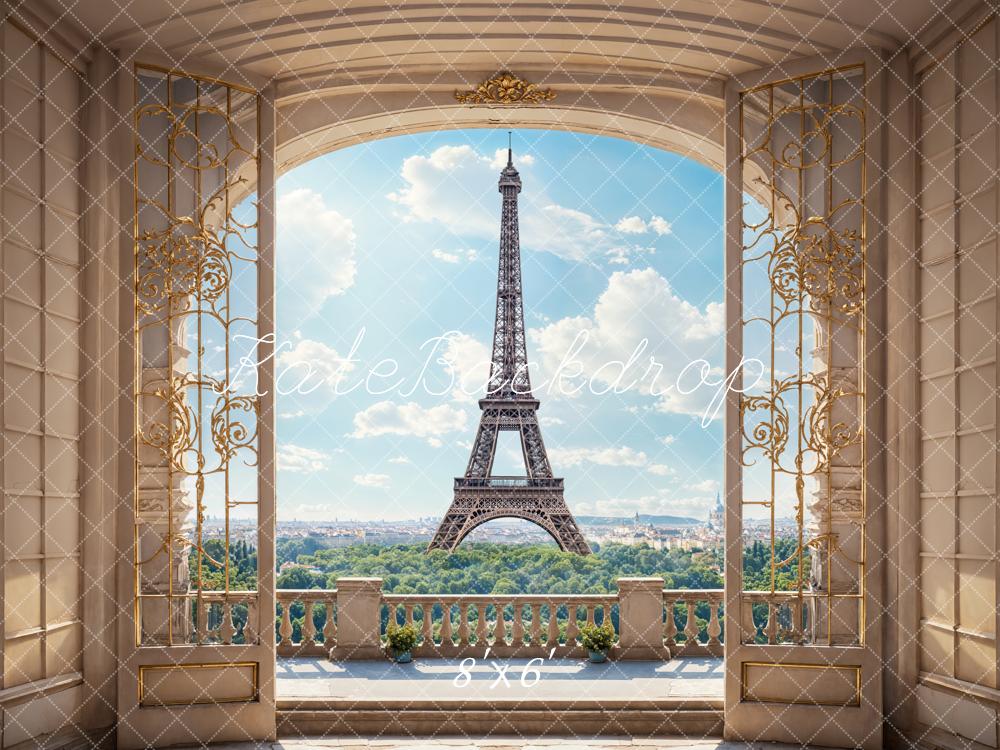 Kate Retro Beige Bogenbalkon Blauer Himmel Weiße Wolken Grüner Wald Paris Turm Hintergrund Entworfen von Emetselch - Kate Backdrop.de