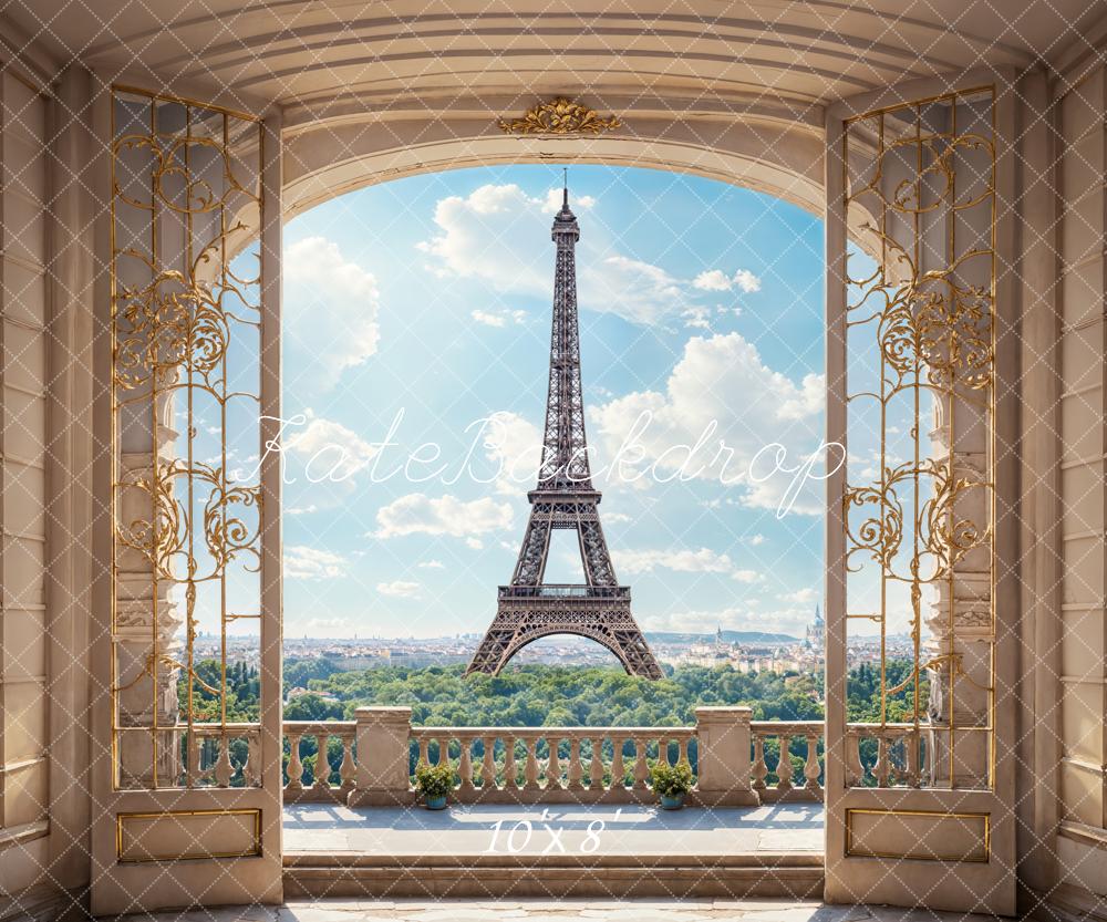 Kate Retro Beige Bogenbalkon Blauer Himmel Weiße Wolken Grüner Wald Paris Turm Hintergrund Entworfen von Emetselch - Kate Backdrop.de