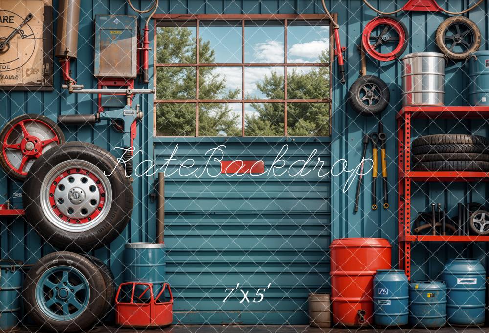 Kate Ink Blue Garage und Wand Metallrahmen Fenster Wald Hintergrund entworfen von Emetselch - Kate Backdrop.de