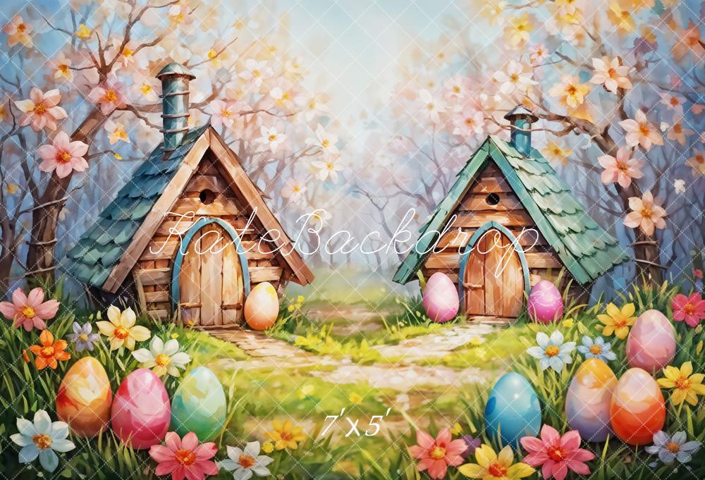Kate Easter Egg Cabin Farbenfroher Hintergrund Entworfen von Emetselch - Kate Backdrop.de