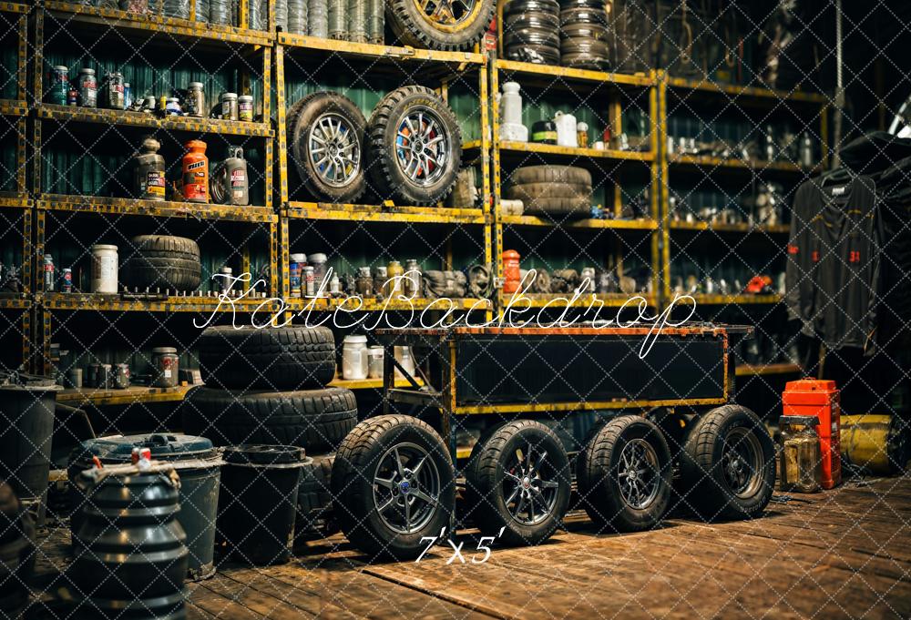 Kate Retro Black Gold Tire Garage Hintergrund Vatertag Entworfen von Emetselch - Kate Backdrop.de