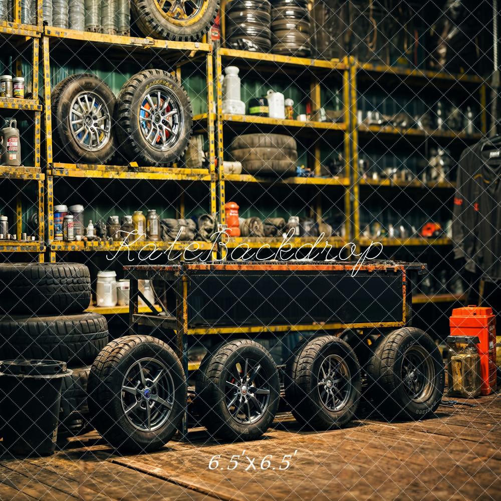 Kate Retro Black Gold Tire Garage Hintergrund Vatertag Entworfen von Emetselch - Kate Backdrop.de