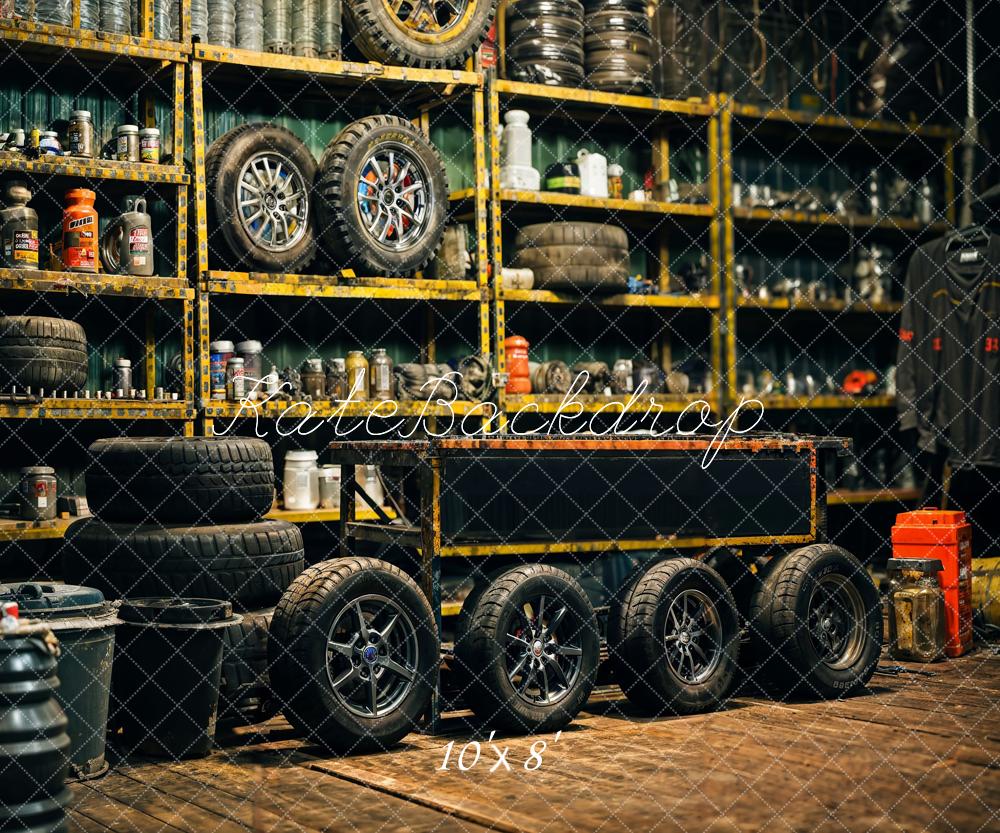Kate Retro Black Gold Tire Garage Hintergrund Vatertag Entworfen von Emetselch - Kate Backdrop.de