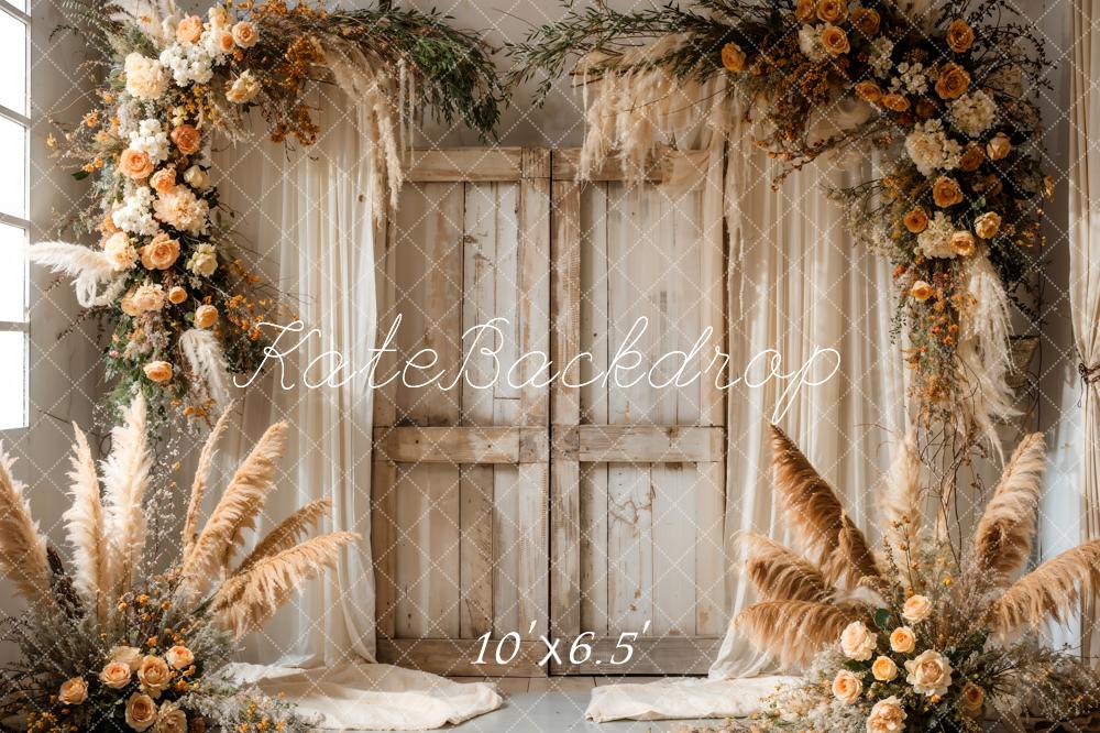 Kate Boho Reed Blume Vorhang hölzerne Scheunentür Hintergrund entworfen von Emetselch - Kate Backdrop.de