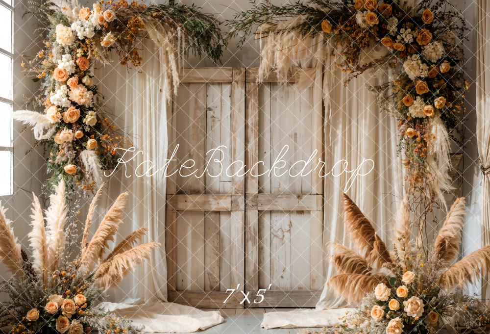 Kate Boho Reed Blume Vorhang hölzerne Scheunentür Hintergrund entworfen von Emetselch - Kate Backdrop.de