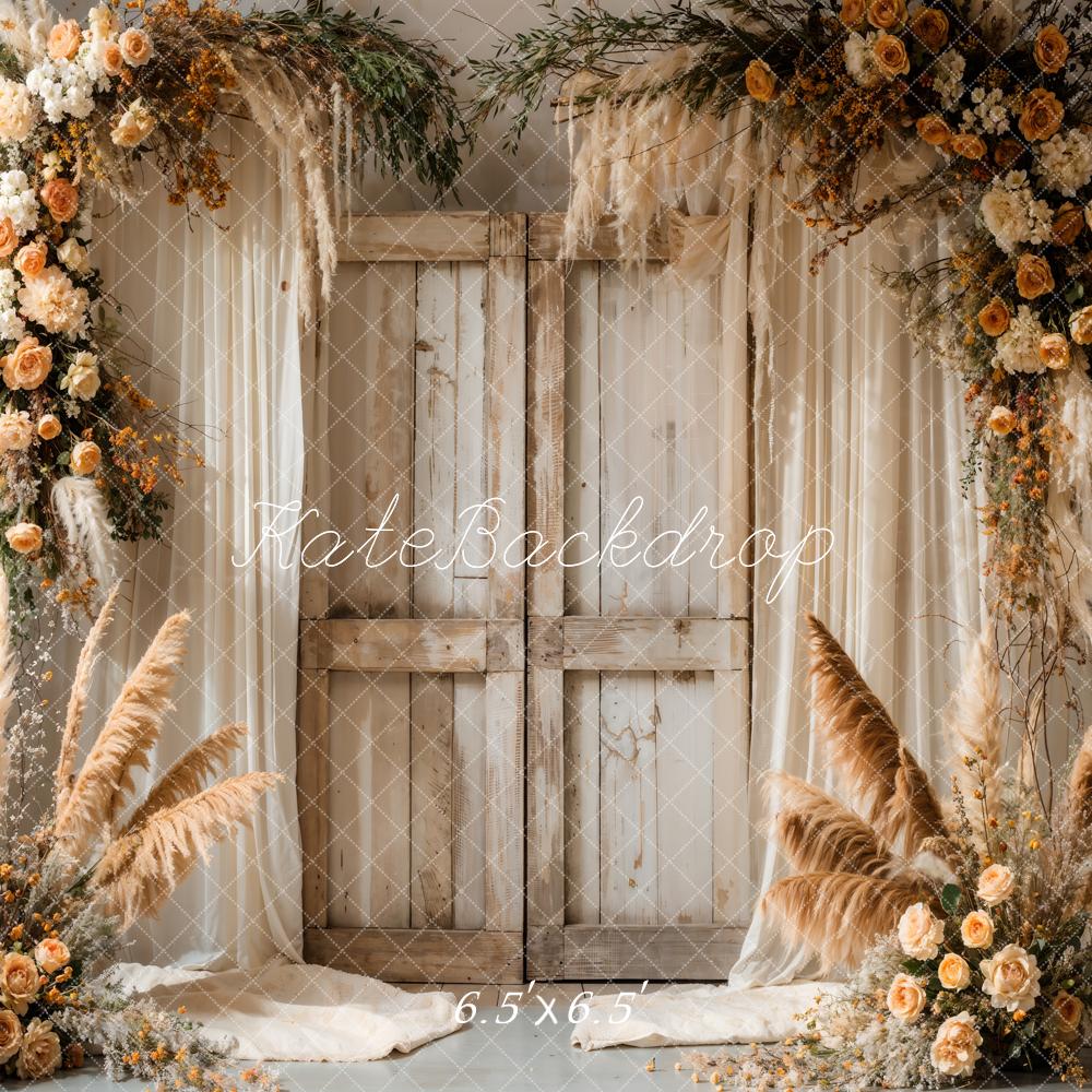 Kate Boho Reed Blume Vorhang hölzerne Scheunentür Hintergrund entworfen von Emetselch